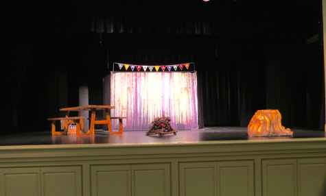 The set was decorated with props in order to resemble a camp-site.