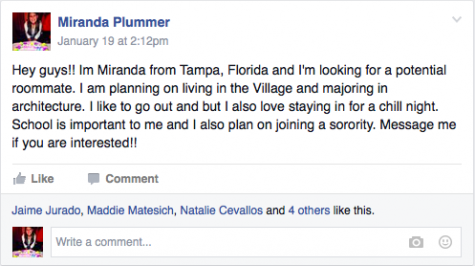 Miranda Plummer's post on the Auburn University Facebook wall looking for roommates. Credit: