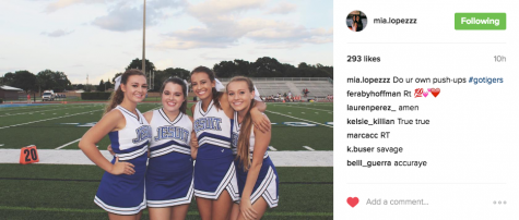 Junior, Mia Lopez, posts a pre-game picture, completed with a savage caption directed towards Blue Tide and their harassment of the cheerleader’s push-ups. Photo Credit: Mia Lopez (used with permission) 