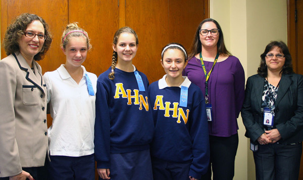 From left to right: Principal Camille Jowanna, Elizabeth Dolan, Carly Fisher, Brunilda Conteras, Freshmen Class Moderator Devan Adams, and Assistant Principal Florie Buono. 