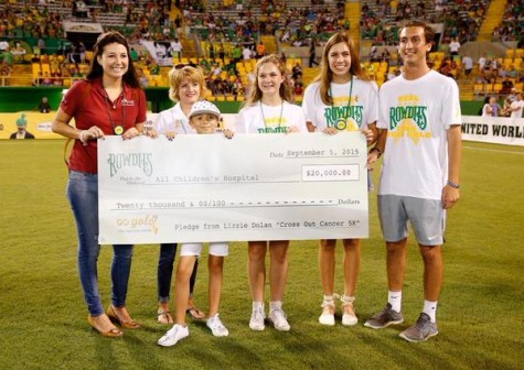 Lizzie and Lindsay at the Tampa Bay Rowdies game showing off the money they have raised for this phenomenal cause along with other board member, Myles Hahn!