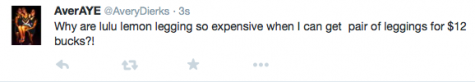 Avery Dierks tweets about the difference between LuluLemon leggings and other cheaper brands