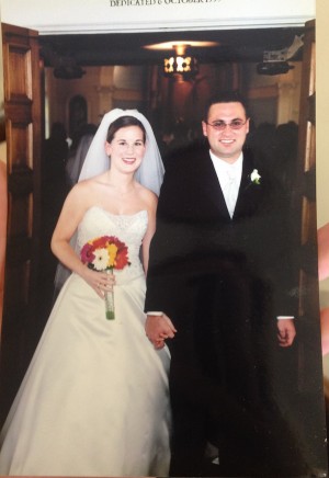 Erin Krukar and her husband, Jared, walking out of the Blessed Marie Rose Durocher Chapel on their wedding day