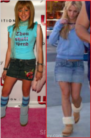 Ashley Tisdale, left, and Britney Spears, right, wearing their Uggs and mini skirts in 2003.