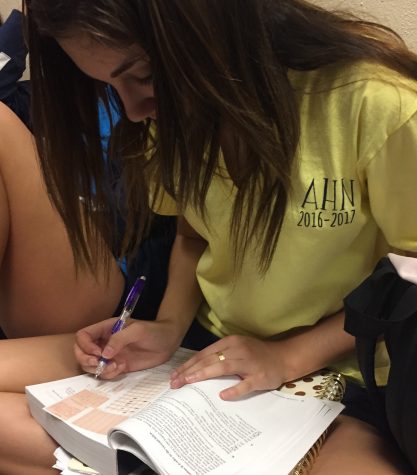Junior, Alessandria Ligori is working on her A-Push homework in the hallway during her free time.