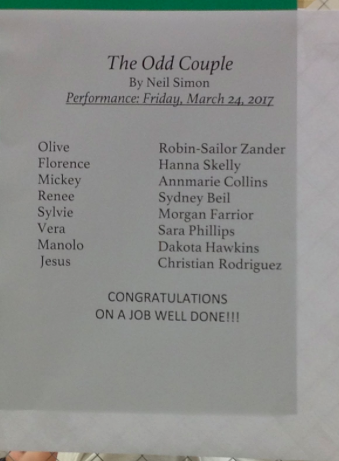 The final cast list for Academy’s production of The Odd Couple. Photo Credit: Sara Phillips/AchonaOnline
