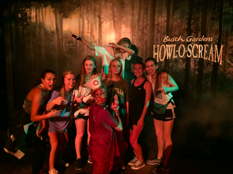 AHN Seniors pose with zombies at Howl-O-Scream in between scare zones.