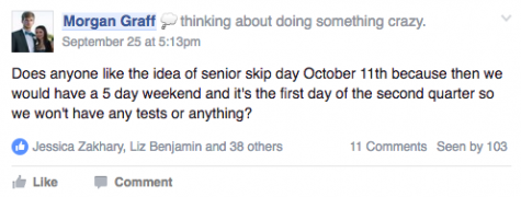 The seniors had all proposed many different days on their class facebook page to skip, but Morgan Graff’s idea of skipping the first day of second quarter, also adding an extra day to an already long weekend, seemed to be the most popular among the class. Photo credit: Facebook/Morgan Graff