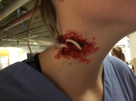 Senior Grace Neal shows off her gory makeup thanks to Traud, featuring a syringe in Neal's neck. Photo Credit: Alex Smith/Achona Online